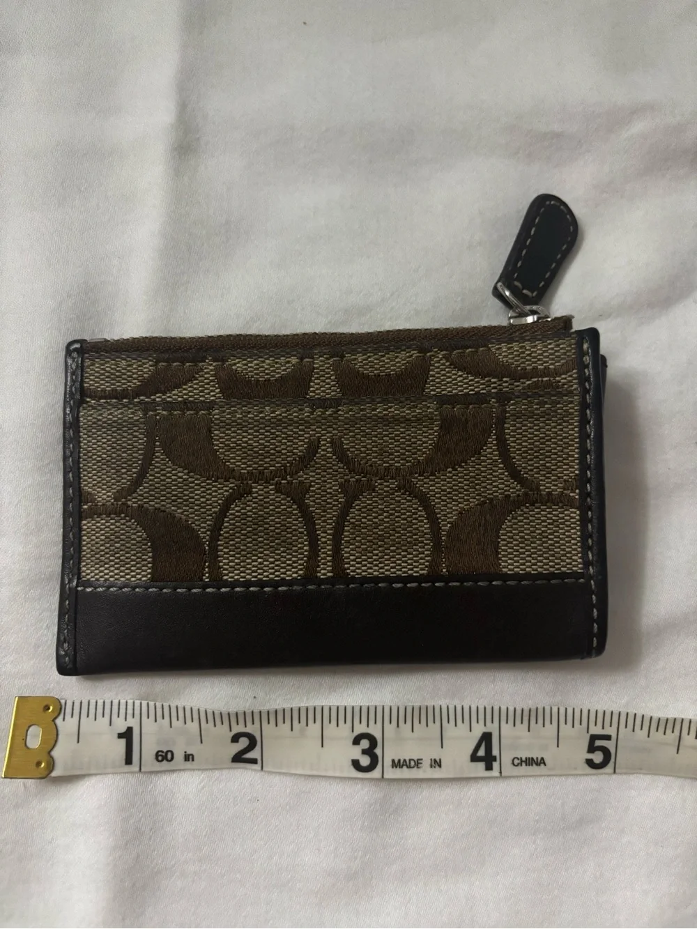 Coach Brown Signature Canvas Card Holder with Dark Brown Leather Trim
